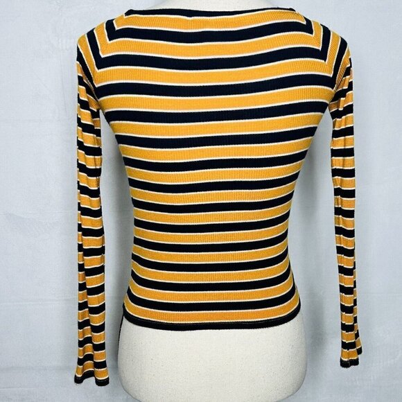 Forever 21 Long-Sleeve Ribbed Shirt Womens Size S Gold Navy Striped Rayon Blend - Picture 6 of 8